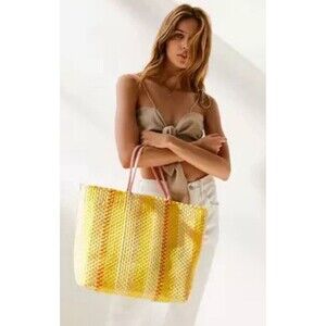 Urban Outfitters UO Sunny Bag Yellow Stripe Woven Tote Summer Vacay NWT